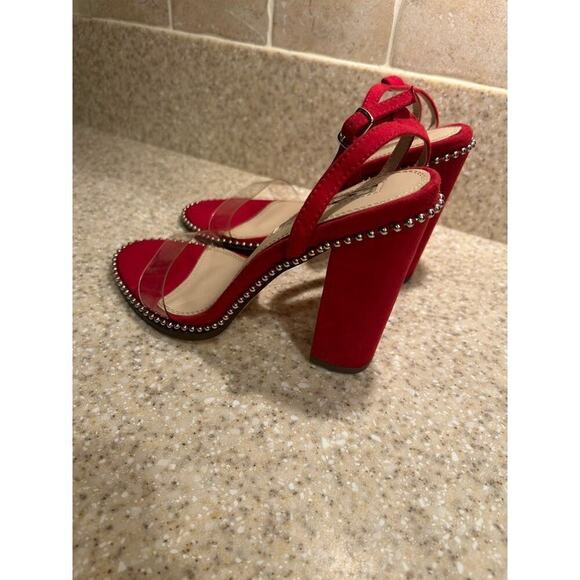 Liliana Red suede 4.5 inch heel clear toe strap gold accents Size 7 - Picture 10 of 10